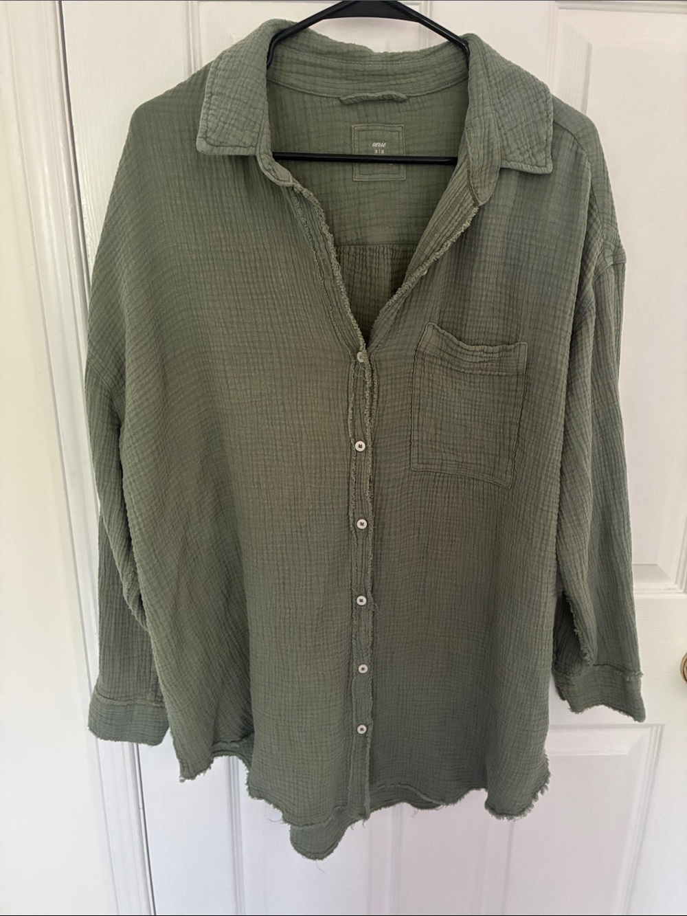 Aerie Oversize Waffle-Texture Button-Front Shirt - Olive Green - Medium - Picture 1 of 4